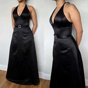 Scott McClintoch Vintage Black Tie Satin Gown‎ Rhinestone Buckle Belted Size 8